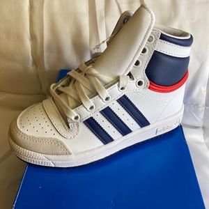 Boys white high top Adidas, w/ blue stripes and blue and red accents on back
